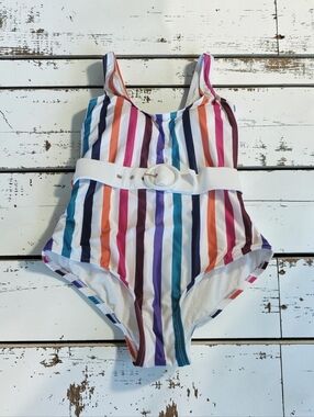 Modcloth Rainbow Striped One-Piece Swimsuit with White Belt